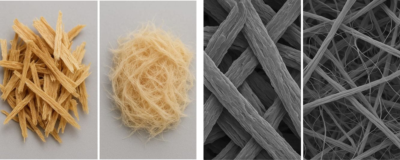 Fiber refining comparison - Before and after refining showing fiber fibrillation at macro and microscopic level